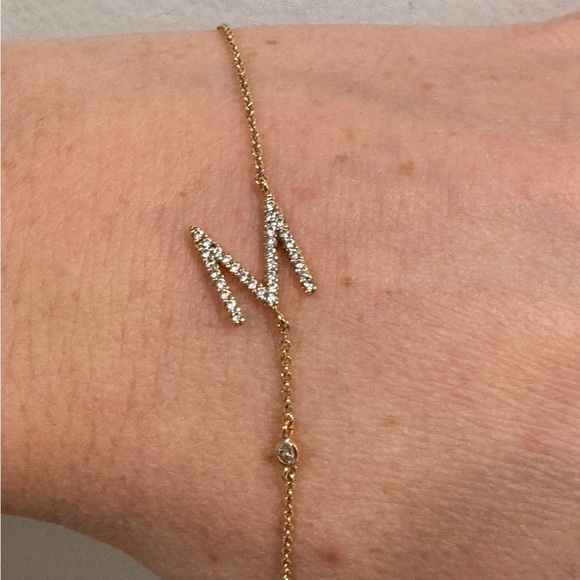 Anthropologie Gold 'M' Initial Pendant Necklace with Crystal Accents - Picture 5 of 8